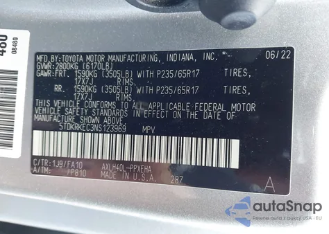 2022 Toyota Sienna Le z USA, uszkodzony, nr VIN 5TDKRKEC3NS123969